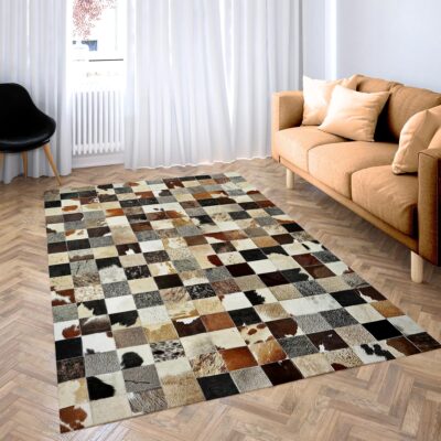 Cow Skin Textured Brown & Cream Checkered Cowhide Rug