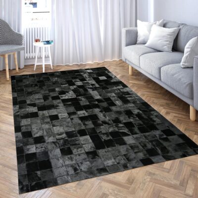 Bright Black Square Cowhide Patchwork Rug