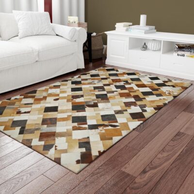 Multicolor Geometric Design Cowhide Patchwork Rug