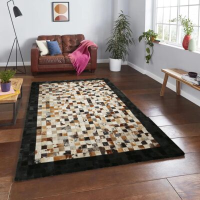 Brown Cowhide Patchwork Rug with Black Border