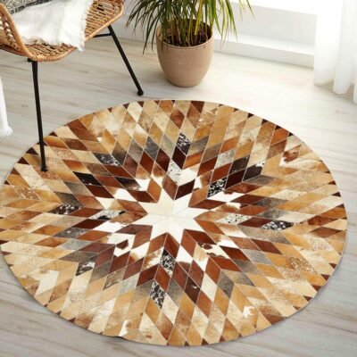 Star Design Brown & White Cowhide Round Rug
