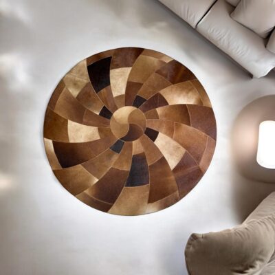 Whirling Spiral Brown Cowhide Round Rug