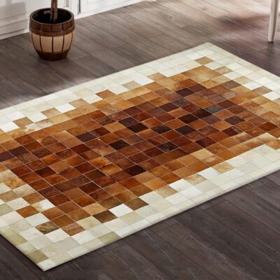 Cream Border Brown Cowhide Patchwork Rug