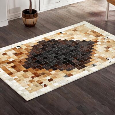 Quadrangle Design Brown & Cream Cowhide Patchwork Rug