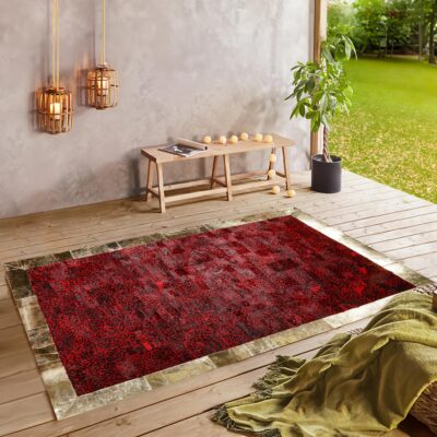Red Leopard Print Calfskin Rug with Gold Border