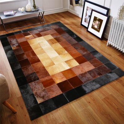 Checkered Pattern Black and Brown Cowhide Patchwork Rug