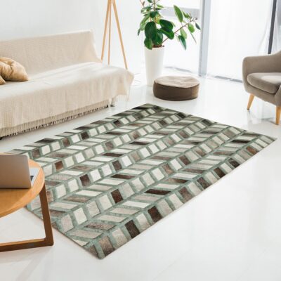 Spica Pattern Green & Cream Cowhide Patchwork Rug