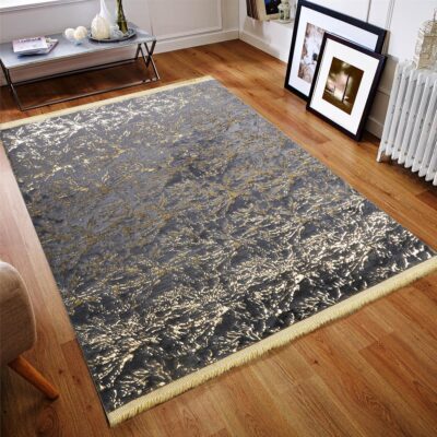 Gold Floral Design Gray Plush Rug with Tassels