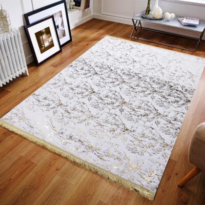 Gold Floral Design White Plush Rug with Tassels
