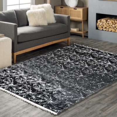 Silver Floral Design Black Plush Rug with Silver Tassels
