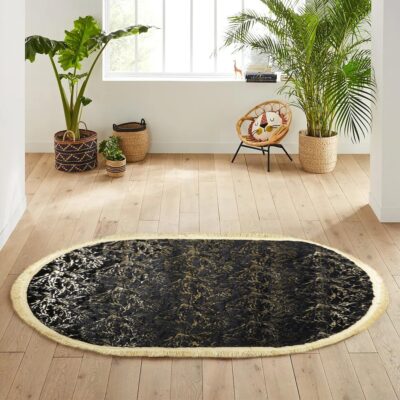 Gold Floral Design Black Plush Oval Rug with Tassels