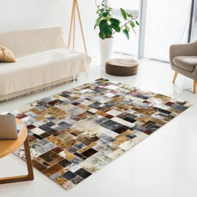 Cowhide with Gold, Bronze & Red Leaf Patchwork Rug