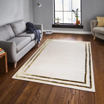 White Fur Area Rug with Gold Frame