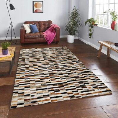 Colorful Patchwork Gold Detailed Cowhide Rug