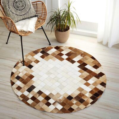 Natural Brown & Cream Calfskin Round Patchwork Rug