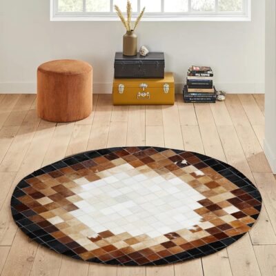 Brown, White and Black Cowhide Checkered Round Rug