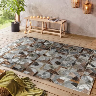 Silver & Bronze Leaf Patchwork Cowhide Rug