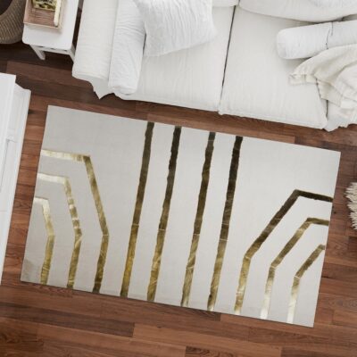 Geometric Gold Detailed White Fur Plush Rug