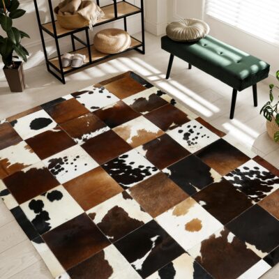Brown & Cream Natural Cow Skin Textured Rug