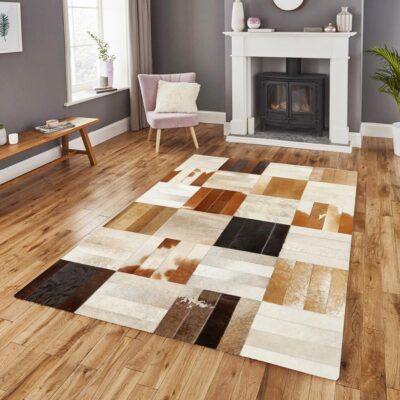 Genuine Cowhide Brown & Cream Patchwork Rug