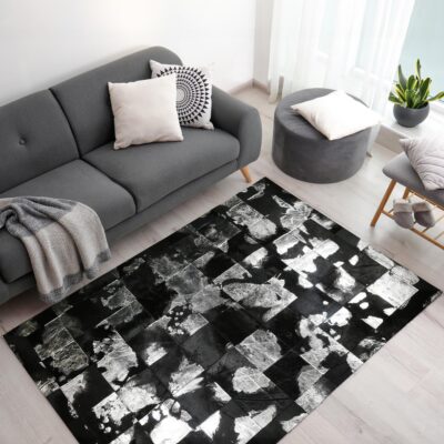Black Cowhide & Silver Leaf Patchwork Rug