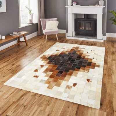 Brown & Cream Ombre  Diamond Pattern Cowhide Patchwork Rug