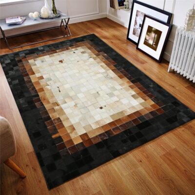 Brown & Beige Patchwork Cowhide Rug with Black Border