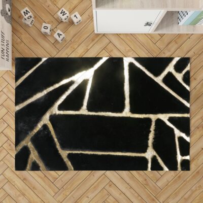 Black Plush Rug with Gold Stripes
