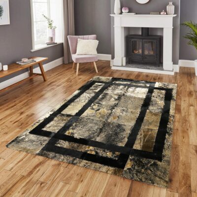 Black Lined Gold Leaf Cowhide Patchwork Rug