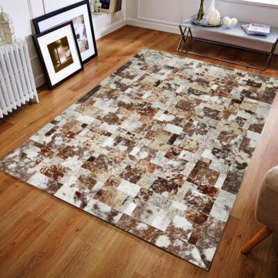 Brown and Beige Cowhide Patchwork Rug