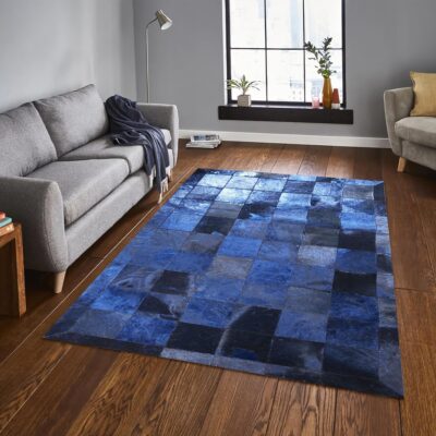 Navy Blue Cowhide Patchwork Rug
