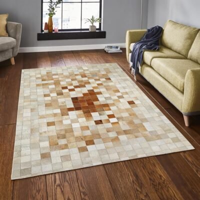 Brown & Cream Checkered Pattern Patchwork Calfskin Rug