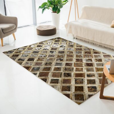 Brown Cowhide Gold Framed Patchwork Rug