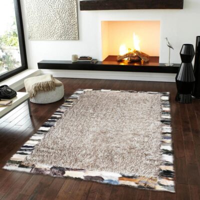 Nude Sheepskin Rug with Multicolor Striped Frame