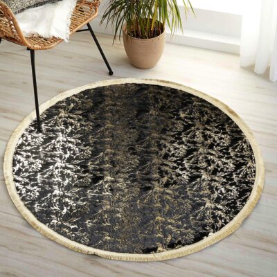 Gold Floral Design Black Plush Round Rug with Tassels
