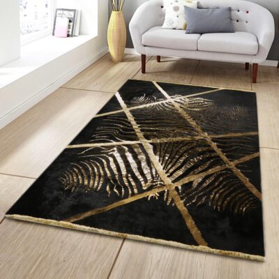 Zebra Pattern Black Plush Rug with Gold Stripes