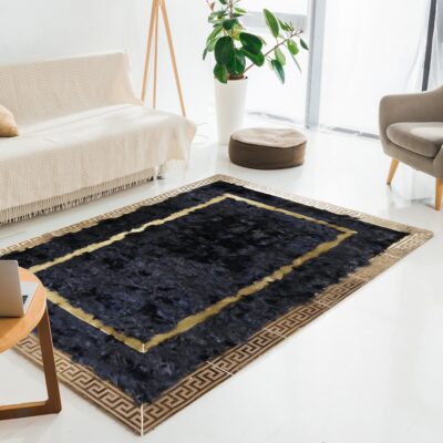 Black Tuscan Genuine Sheepskin Rug with Gold Frame