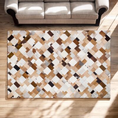 Tricolor Patchwork Cowhide Rug, Genuine Calfskin Rug, Geometric Design Area Rug, Rectangle Office Rug, Cow Skin Country Style Rug, Home Gift