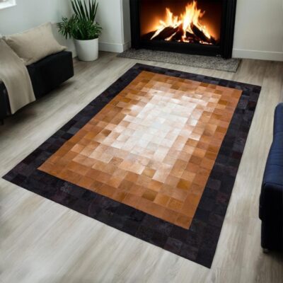 Brown & Beige Cowhide Rug with Black Border, Gradient Design Patchwork Floor Rug, Genuine Calfskin Carpet, Natural Home Decoration Gift