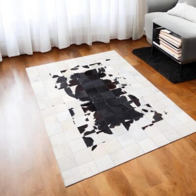 Natural Cowhide Patchwork Rug, white & black Calfskin Area Rug, Genuine Cow Skin Textured Carpet, Modern Living Room Rug, Housewarming Gift