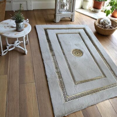 White Fur Rug with Gold Frame, Shaggy Carpet, Solid White Faux Fur Rug with Gold Border,Elegant For Livingroom , Handmade Any size possible