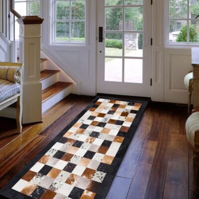 Hallway Runner Rug Patchwork  Pattern Cowhide Patchwork Rug, Cowskin Textured Rug with Black Border Custom Size Available
