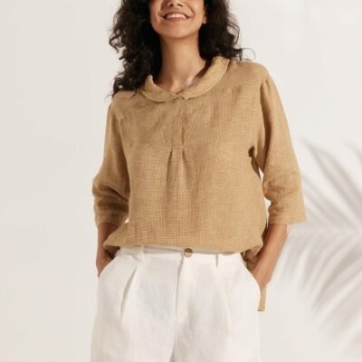 Linen Gingham Checked Shawl V-Neck Half Sleeve Top BRITNEY