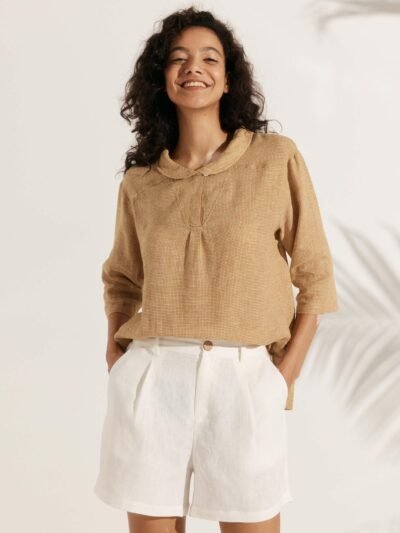 Linen Gingham Checked Shawl V-Neck Half Sleeve Top BRITNEY