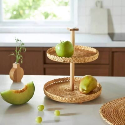 Jules 2-Tier Wood and Rattan Tray