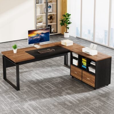 L-Shaped Executive Desk, 63" Computer Desk with Mobile File Cabinet