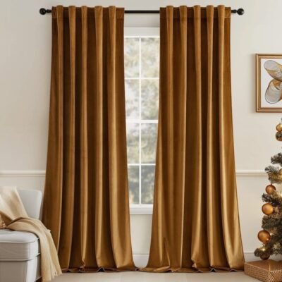"Mira" Customized Velvet Curtains Luxury Blackout Curtains  (2 Panels) - Golden Brown