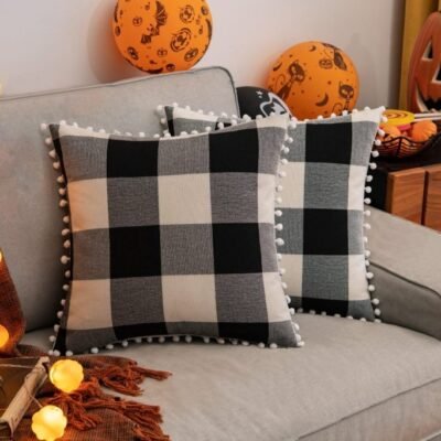 Miulee Halloween Retro Farmhouse Buffalo Plaid Check Pillow Cases with Pom Poms 2 Pack