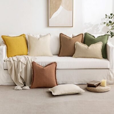 MIULEE Linen Pillow Covers Natural Decorative Throw Pillows with Fringe (Pack of 4)