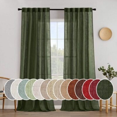 MIULEE Olive Green Linen Curtains 96 Inches Long 2 Panels for Bedroom Living Room, Back Tab & Pleat Tape with Hooks Soft Thick Linen Textured Window Drapes Semi Sheer Light Filtering Farmhouse Decor